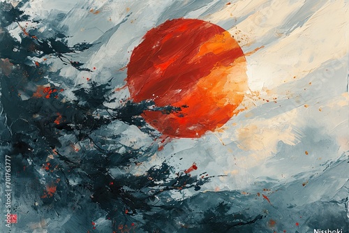 The picture of japanese flag with red sun on white background photo
