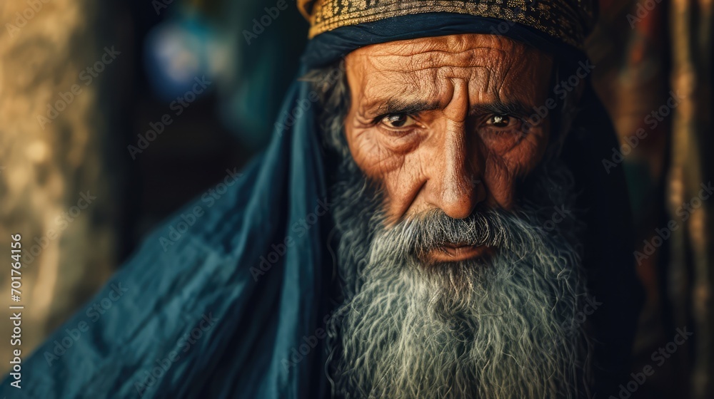 Portrait of an old Patriarch with a long gray beard in a shawl. Biblical character. Portrait of an old Patriarch with a long gray beard in a shawl. Biblical character.