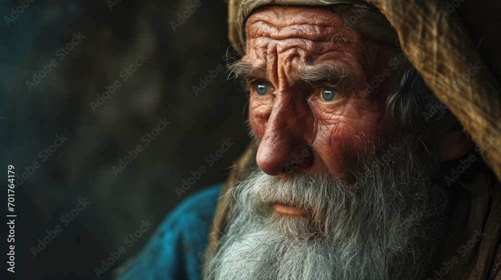 Close-up portrait of an old Jewish man with long gray beard and mustache. Biblical character.