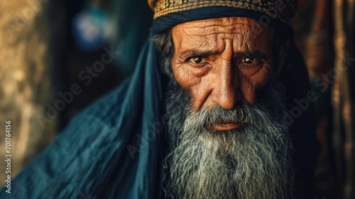 Portrait of an old Patriarch with a long gray beard in a shawl. Biblical character.