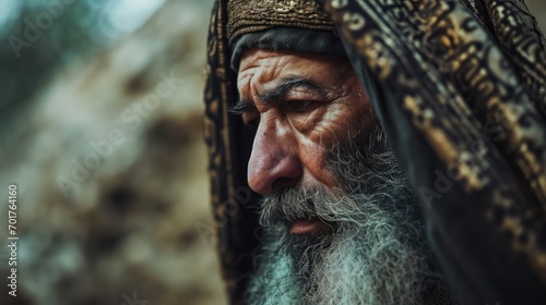 Portrait of an old patriarch with a long beard and mustache on the background of an ancient wall. Biblical character.