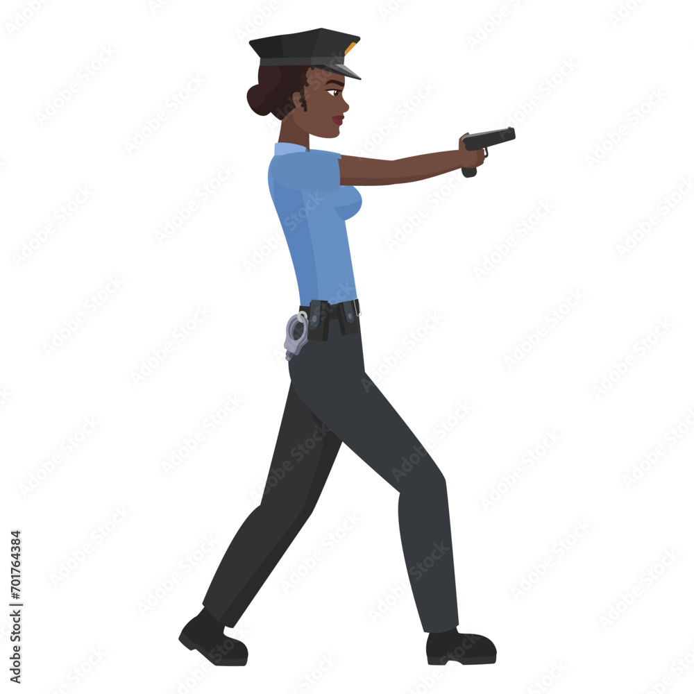 Black police woman with pointing gun. African female officer with weapon cartoon vector illustration Black police woman with pointing gun. African female officer with weapon cartoon vector illustration