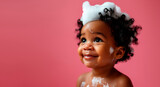 banner copy space Portrait of happy smiling baby with shampoo foamy head on pink background, Kids hygiene, Shampoo, hair treatment and soap for children
