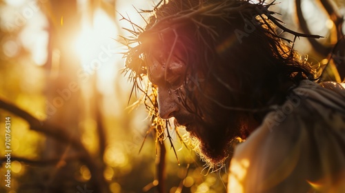 Jesus Christ with crown of thorns in the sunligt. Photorealistic portrait. Close-up. photo