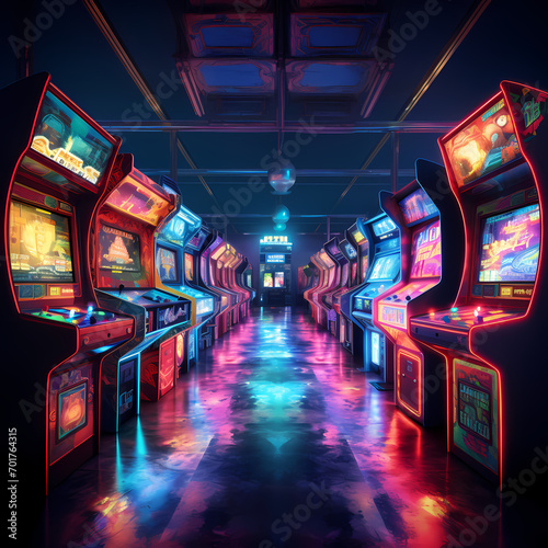 Retro arcade game machines in a dimly lit room with glowing screens.