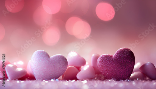 Valentine sweet hearts on bokeh blurred pink background, template banner on holiday, wedding day with copy space for text