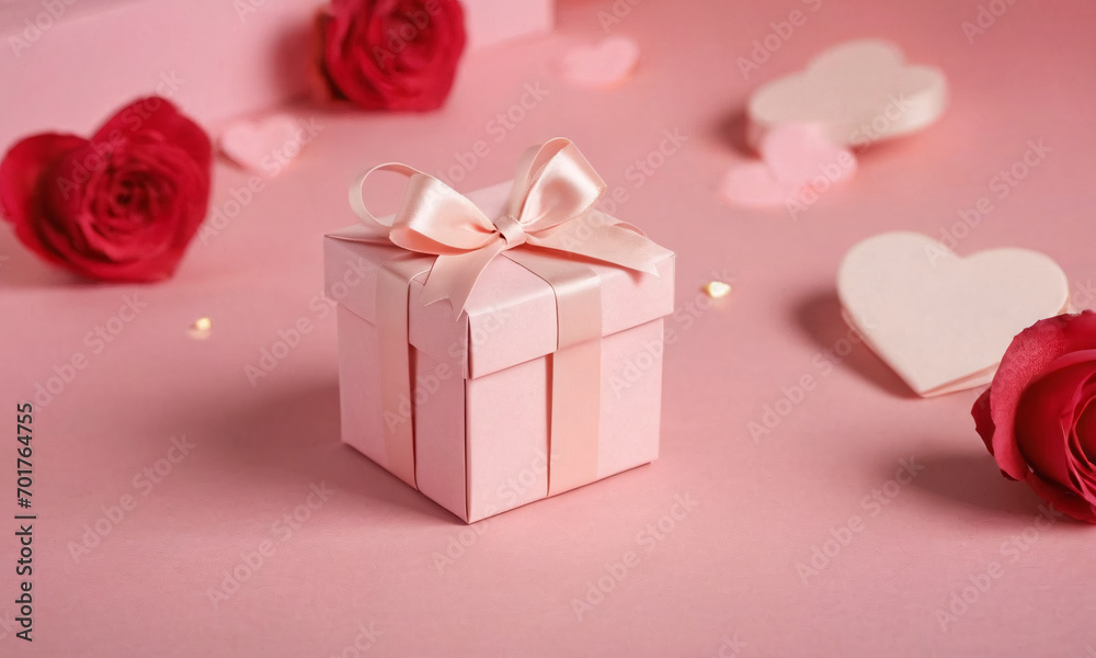 Pink box with a bow and a rose on a pink background