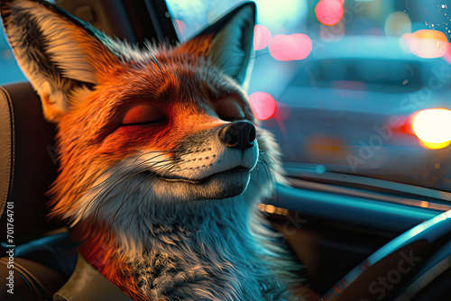 A fox chills in a car in busy traffic 
