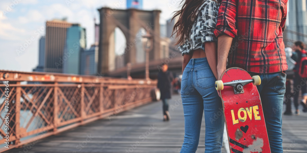 Skateboarder couple with a skateboard with Love text on it poster with copy space. Skateboarder couple with a skateboard with Love text on it poster with copy space.