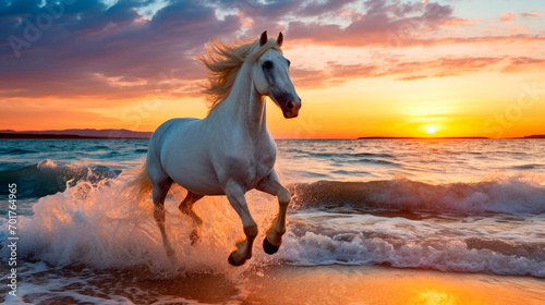 Canvas Print Wild white horse galloping free at the beach against beautiful sunset