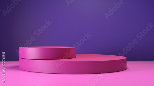 Vibrant 3D Render of Empty Magenta and Purple Cylinder Podium Floating on a Glossy Circular Platform – Modern Product Showcase Illustration in Isolated Studio Background