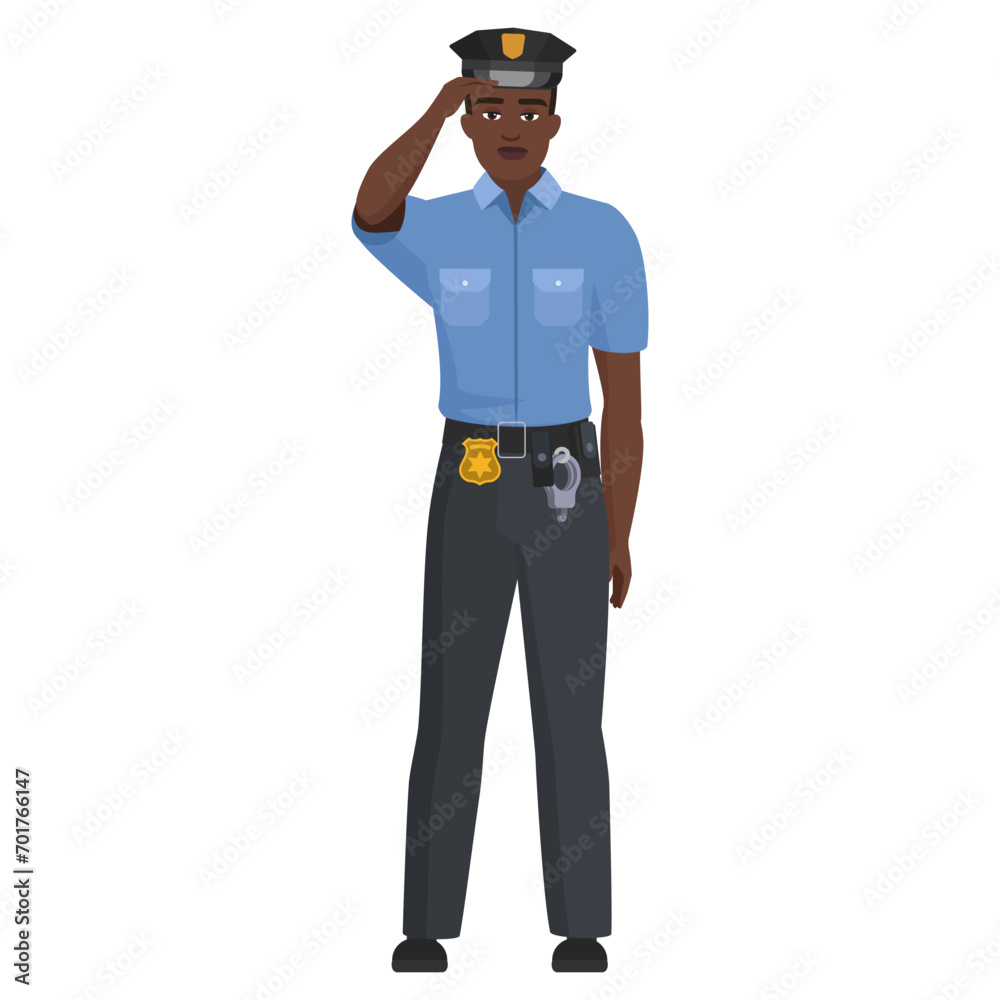 Serious black policeman in standing pose. Male police officer cartoon vector illustration Serious black policeman in standing pose. Male police officer cartoon vector illustration