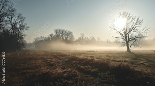 a foggy field with trees and a blue sky