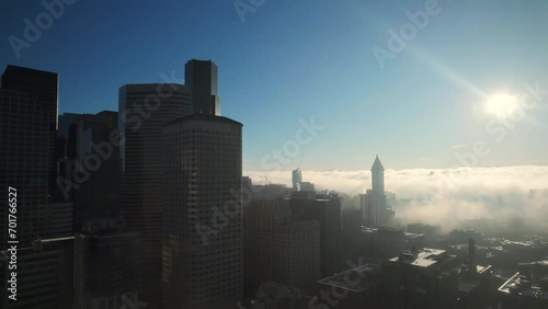 City Skyscrapers in Fog Clouds Shot by Drone photo