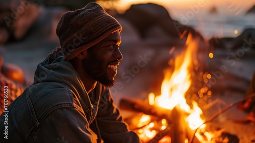 Happy man in front of a campfire in the evening