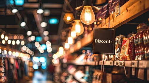 Closeup of a signboard with the word discount in a store photo