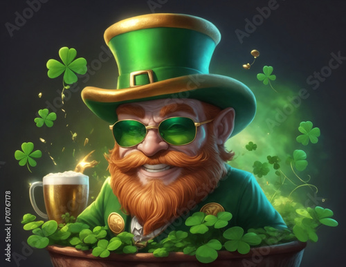  leprechaun ultra realistic with a clover sunglasses happy and a pot of gold