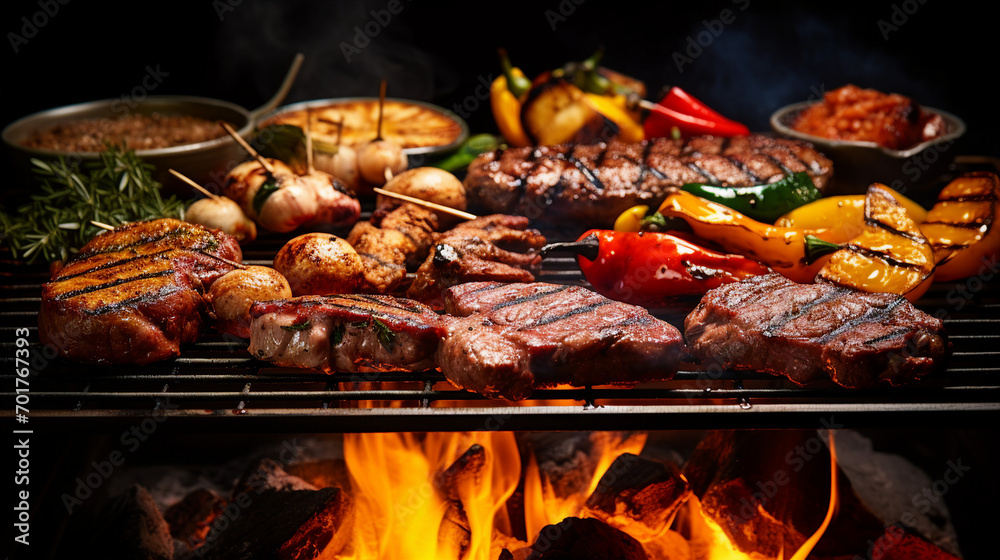 Savor the Culinary Delight: Assorted Delicious Grilled Meat and Vegetables Cooking Outdoors at a Summer Picnic