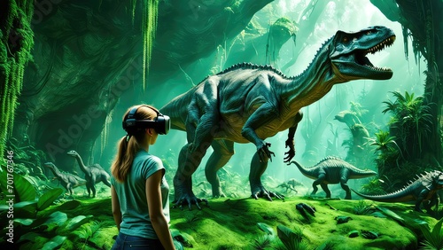 A fifteen-year-old girl in virtual reality glasses watches the age of dinosaurs