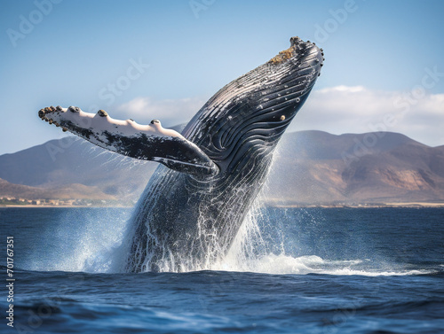 A majestic humpback whale leaps out of the water, displaying its impressive size and beauty. © Szalai