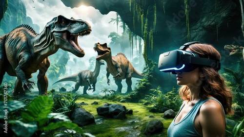 A fifteen-year-old girl in virtual reality glasses watches the age of dinosaurs © Nikolay