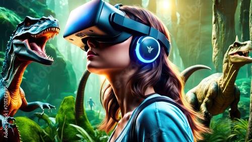 A fifteen-year-old girl in virtual reality glasses watches the age of dinosaurs