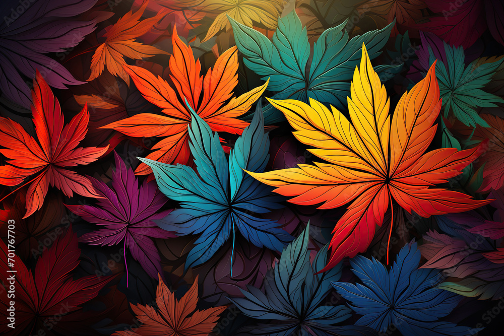 cannabis marijuana leaves on bright rainbow hallucinogenic neon psychedelic background