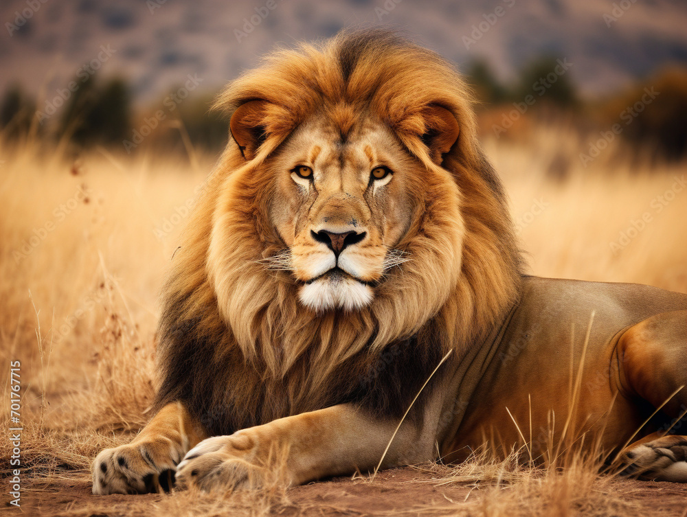 A stunning lion with a luxurious mane reclining peacefully in its natural habitat. A stunning lion with a luxurious mane reclining peacefully in its natural habitat.