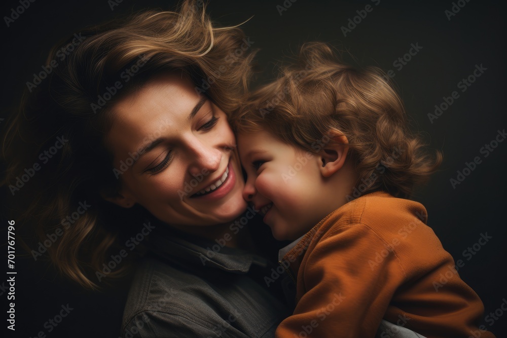 A mother and the toddler with a hug and smile, single parenting theme. A mother and the toddler with a hug and smile, single parenting theme.
