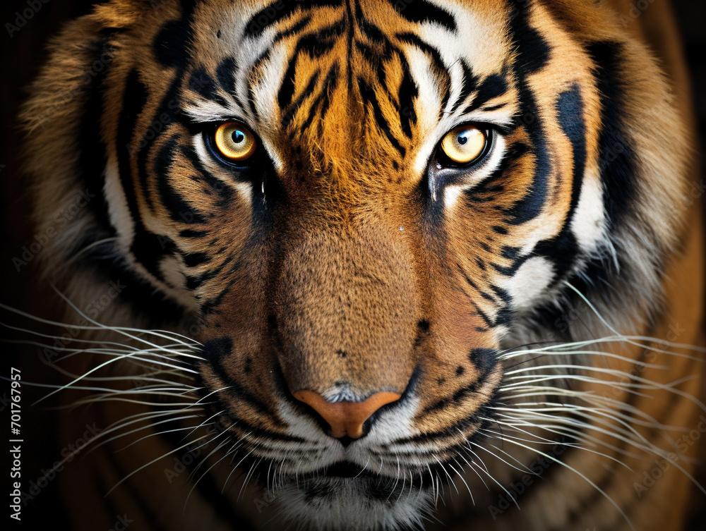 A stunning close-up of a tiger's intense and captivating eyes, creating a mesmerizing effect. A stunning close-up of a tiger's intense and captivating eyes, creating a mesmerizing effect.