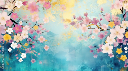  a painting of pink, yellow and white flowers on a blue background with a light blue sky in the background.