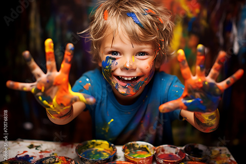 Joyful boy covered in colorful paint  showing his creativity. Captured indoors  celebrating the playfulness of childhood. Concept of learning and fun