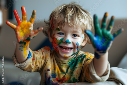Joyful child laughing while showing his fun carefree moment of artistic colorful painting with hands. Concept of childhood creativity and playfulness