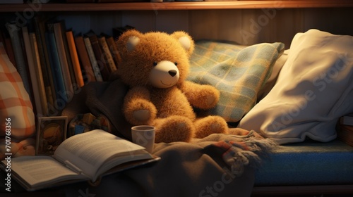  a brown teddy bear sitting on top of a bed next to a pile of books and a cup of coffee.
