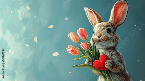 Cute drawn rabbit holds a bouquet of tulips and a heart in its paws, a declaration of love for Valentine's Day, on blue background #701768796