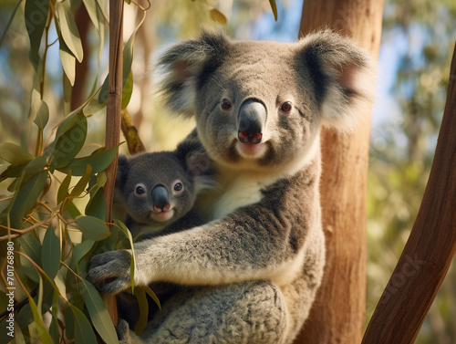 Filename  00066_02_rl.Description  Adorable mother and baby koala snuggled up together in a lush eucalyptus tree.