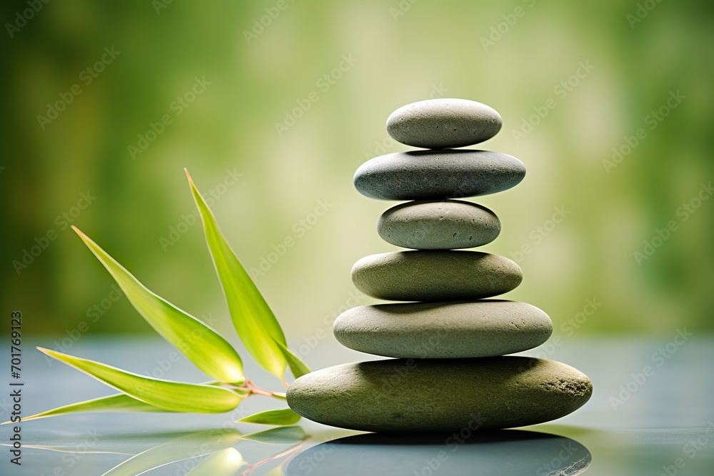 Obraz premium perfectly balanced stacked stones set against a light green background