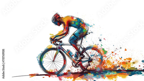 a man ride a bike colorful splash isolated on white background. © Tony A