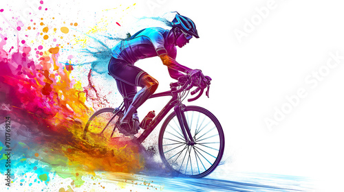 a man ride a bike colorful splash isolated on white background. © Tony A