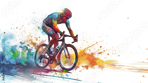 Fotografia a man ride a bike colorful splash isolated on white background.