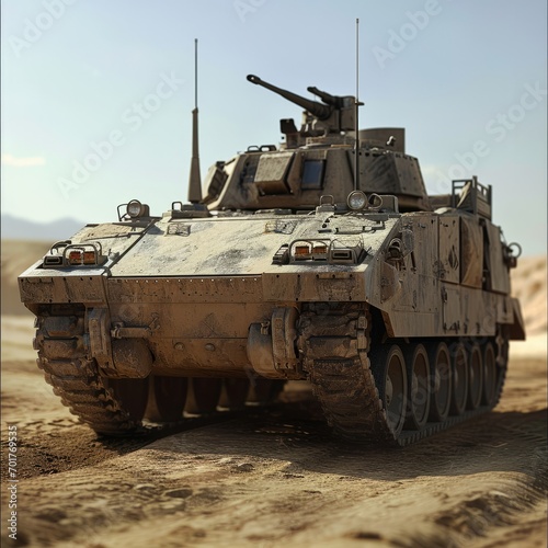 a military tank driving in a desert