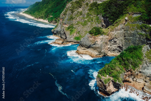 Tropical landscape with rocks on coastline and ocean. Aerial view