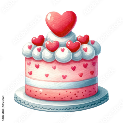 Watercolor romantic cake. Cake with a heart. Valentine s Day element. Watercolor valentine s illustration.