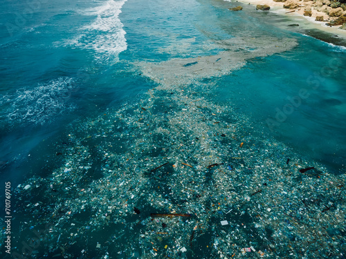 Ocean and plastic trash pollution, aerial view. Pollution by toxic rubbish