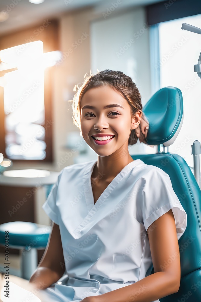 A girl smiles in the dentist's office A girl smiles in the dentist's office