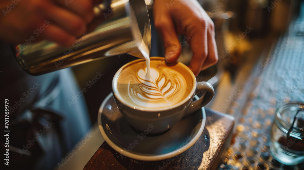 Obraz premium A barista carefully crafts latte art in a coffee cup, the foam forming a delicate pattern.