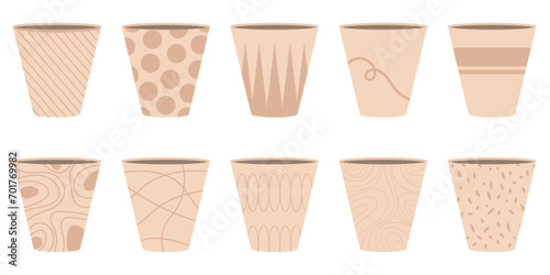 Ceramic flower pots. Set of vector illustrations isolated on white background.