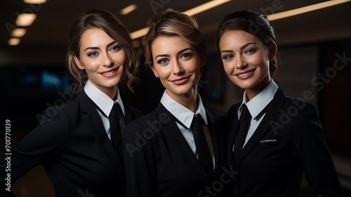 A group of medium-shot flight attendants are posing together. photo