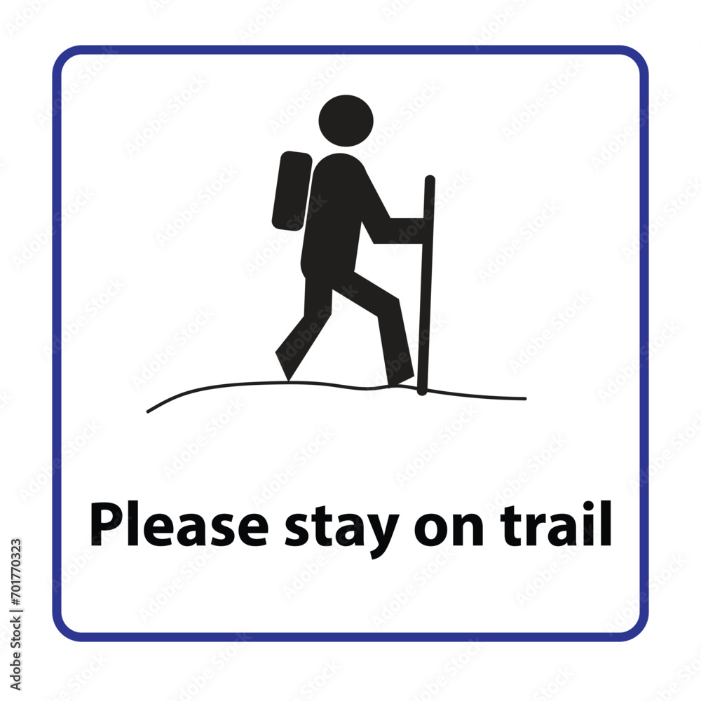 Silhouette of a person with backpack and trekking pole on a pathway, please stay on trail symbol Silhouette of a person with backpack and trekking pole on a pathway, please stay on trail symbol