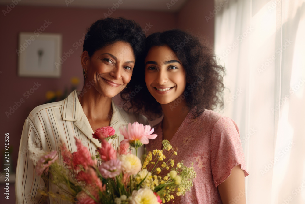 Affectionate smile between a mother and her daughter holding a bouquet of fresh flowers.